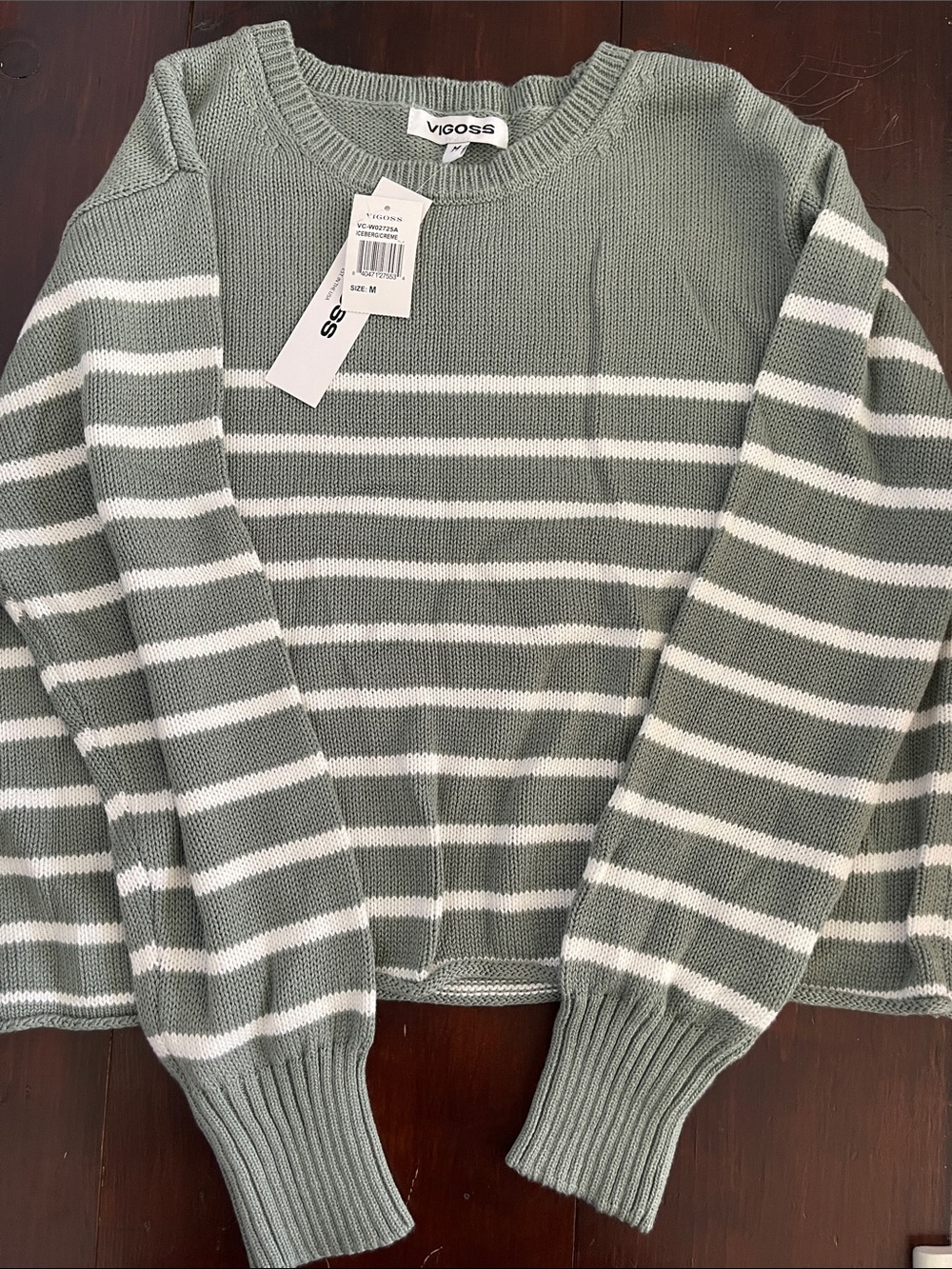Vigoss Sage Green and White Striped Crewneck Sweater